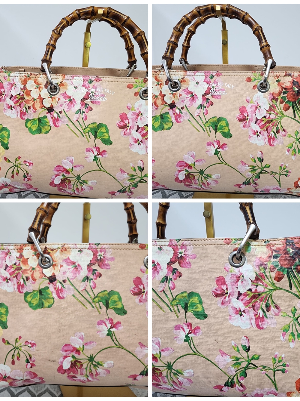 GUCCI Shangai Calfskin Blooms Print Medium Bamboo Shopper Tote Pink/Multicolor - Picture 8 of 14